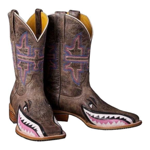 TIN HAUL "Man Eater" shark distressed leather cowgirl boots square toe sz 9.5 - Picture 2 of 16